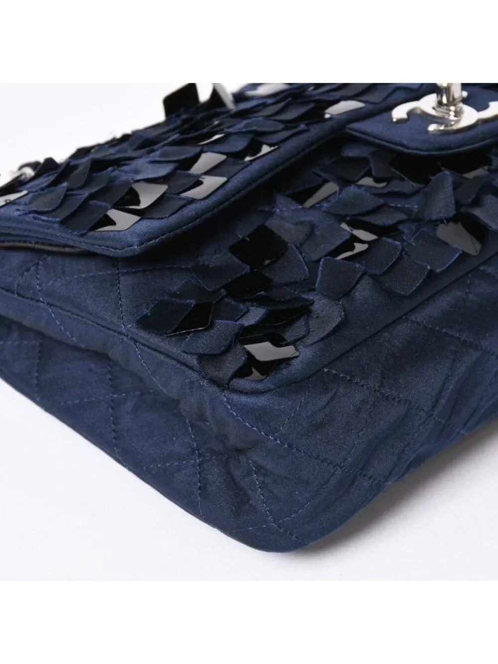 Chanel Quilted 25 Double Flap Chain Shoulder Bag CC Logo Satin Sequin Navy